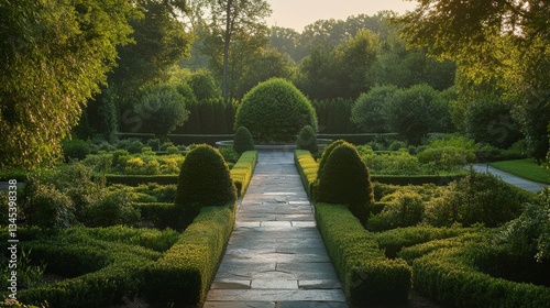 Formal garden boxwood parterre featuring multiple trimmed bushes, perfectly symmetrical shapes with clean edges, rich forest green color, textural detail of small glossy leaves, morning dew