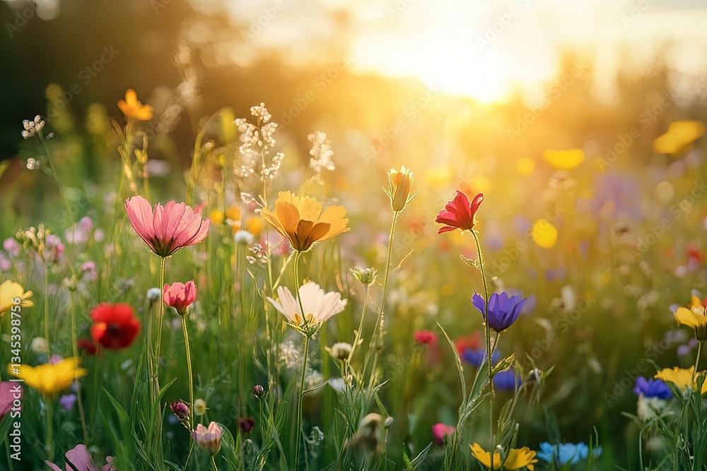 Naklejka premium Sunlight illuminates a field of colorful wildflowers in nature