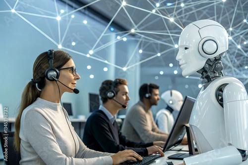 A futuristic call center where humanoid robots and human employees work together, wearing headsets and using computers, with a digital network of connections glowing above them