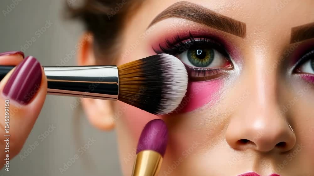 Close Up of a Woman's Face with Pink and Purple Eye Makeup Being Applied with Makeup Brushes