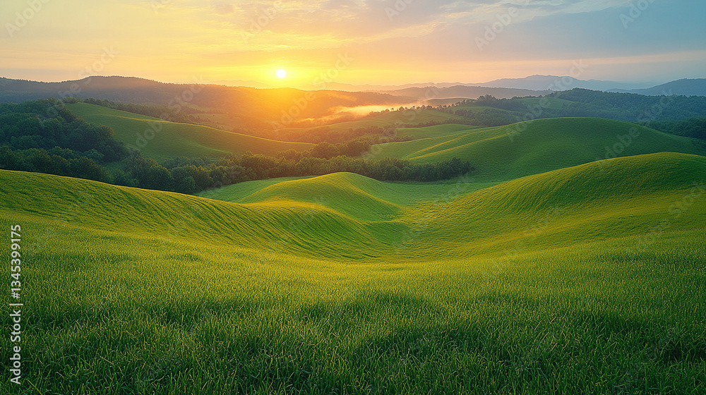 Fototapeta premium Rolling green hills bathed in golden sunrise light with a peaceful countryside atmosphere.