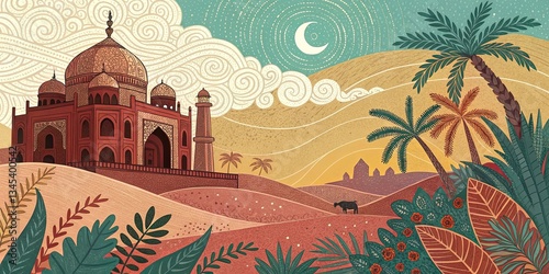 A painting of a desert with a large building in the background