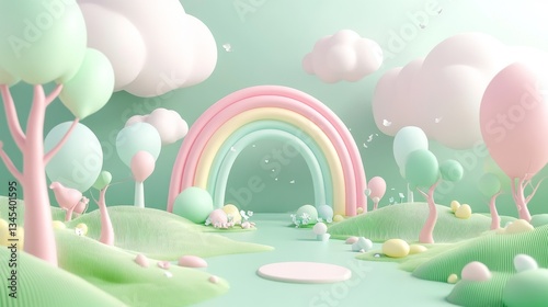 Sweet minimal landscape featuring balloon-like trees with smooth surfaces in mint and blush tones, perfectly symmetrical rainbow with subtle metallic sheen, chunky geometric flowers dotting a