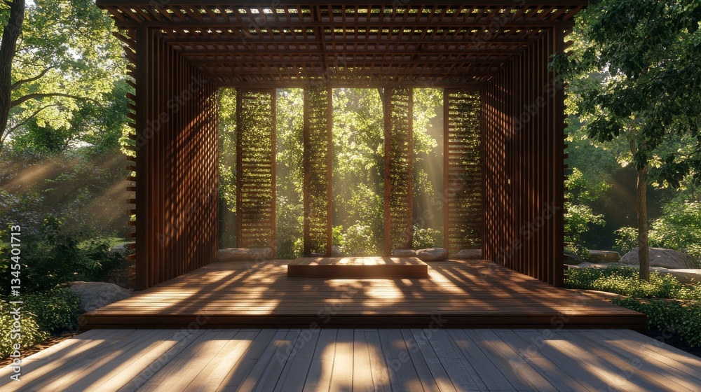 Naklejka premium Modern zen outdoor room defined by rhythmic horizontal cedar slat walls, elevated hardwood platform with seamless joints, dappled sunlight streaming through pergola creating organic shadow play,