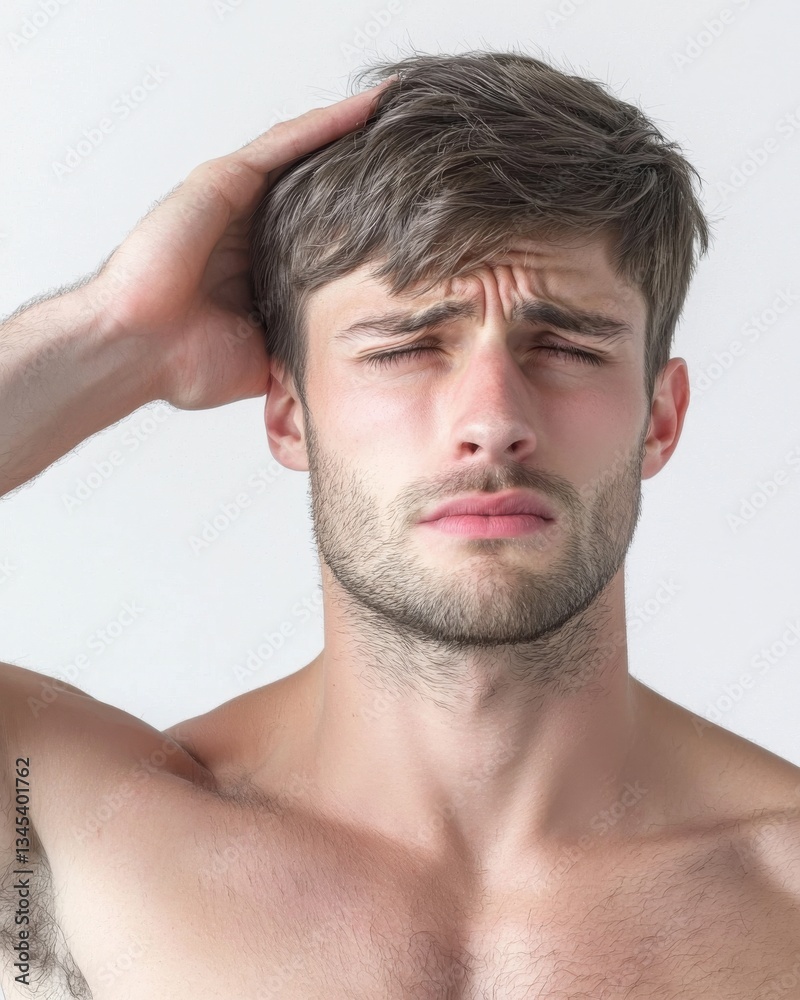 Caucasian experiencing headache, depicting real emotion and struggle. Caucasian experiencing headache, depicting real emotion and struggle.