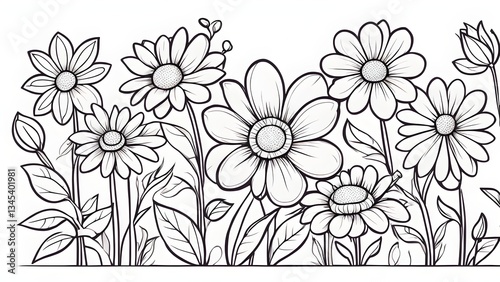 A detailed black white illustration showcases a vibrant array daisies leaves, perfect coloring books design projects.