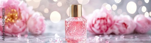 Pink perfume bottle with peonies, bokeh background.  Luxury beauty product