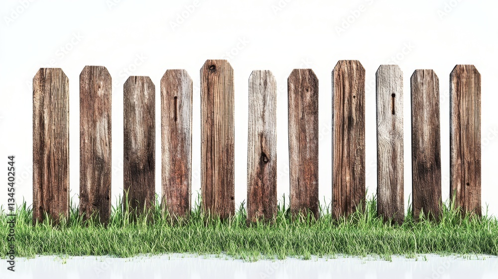 Fototapeta premium Panoramic composition of vintage style wooden fence posts, rich natural wood patterns, freshly cut green grass underneath, pristine white environment, soft gradient shadows, studio photography