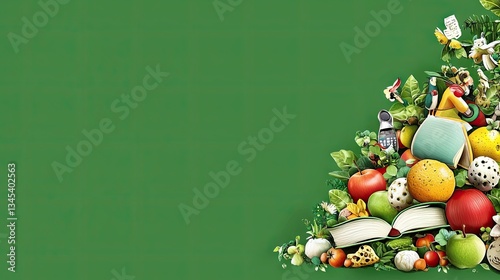 Colorful Fruits, Books, & Animals; Back to School; Green Background; Education Illustration