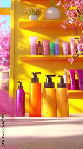 Sunny shop, colorful bottles, beauty products, spring flowers, shelf display, advertising