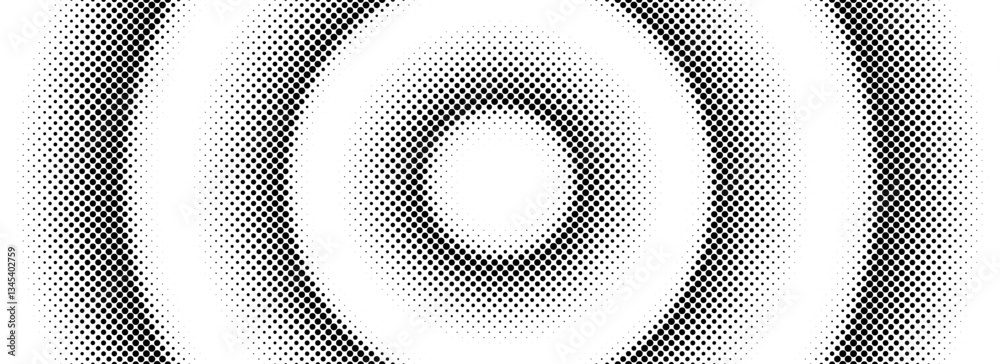 Halftone concentric circle background. Black and white dotted circular gradient. Radial fading comic texture. Grunge rough round pop art backdrop. Vector dot line epicenter wallpaper concept