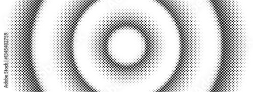 Halftone concentric circle background. Black and white dotted circular gradient. Radial fading comic texture. Grunge rough round pop art backdrop. Vector dot line epicenter wallpaper concept