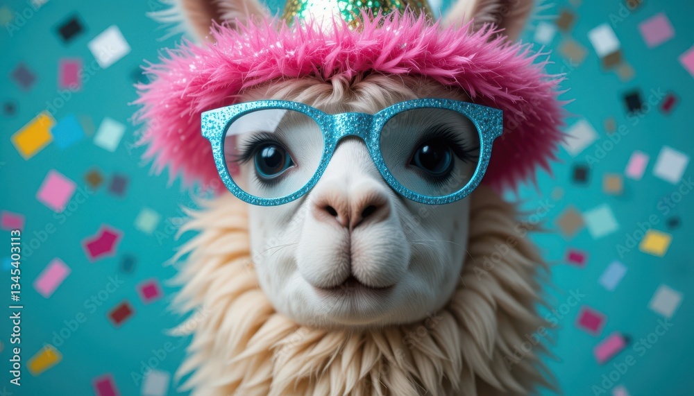 Obraz premium Whimsical llama with party hat and glasses surrounded by colorful confetti