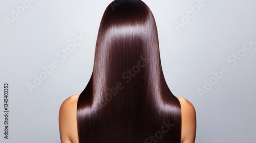 Back view woman, extremely long sleek dark brown straight hair, shine, flawless healthy, luxurious beauty, minimalist white background, advertising, banner, copy space, texture, perfect, haircare.