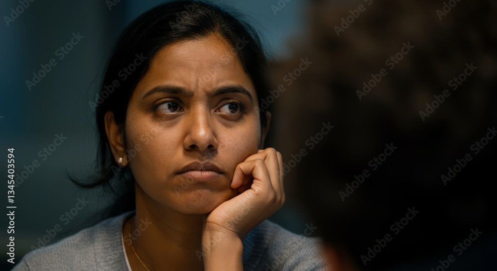 Concerned young asian woman in thoughtful expression indoors Concerned young asian woman in thoughtful expression indoors