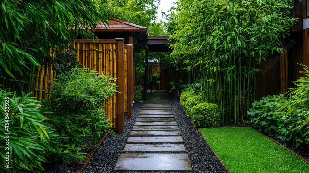 Serene Pathway Through Lush Bamboo Garden Surrounded by Greenery and Tranquil Atmosphere Serene Pathway Through Lush Bamboo Garden Surrounded by Greenery and Tranquil Atmosphere