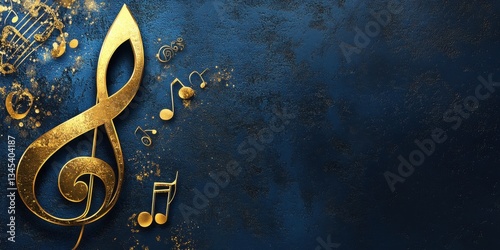 Golden Treble Clef on a Dark Blue Background: Musical Notes and Sparkle photo