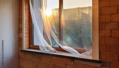 A freshly installed window with protective plastic still covering the frame, captured during home construction — symbolizing progress, craftsmanship, and modern building.
