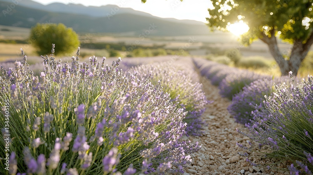 Fototapeta premium Serene Lavender Field at Sunrise with Gentle Sunlight and Scenic Mountain Background
