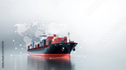 Cargo Ship with Containers Floating on Water and World Map Background