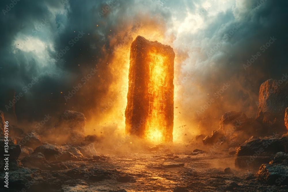 ancient stone tablets with glowing hieroglyphics floating in mystical desert storm illuminated by divine light beams