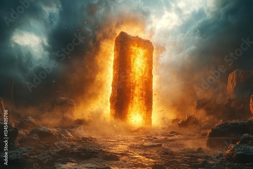 Obraz na płótnie ancient stone tablets with glowing hieroglyphics floating in mystical desert storm illuminated by divine light beams w salonie