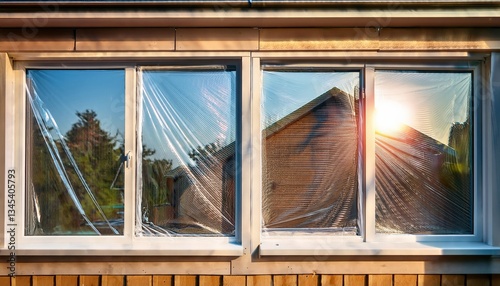 A freshly installed window with protective plastic still covering the frame, captured during home construction — symbolizing progress, craftsmanship, and modern building.
