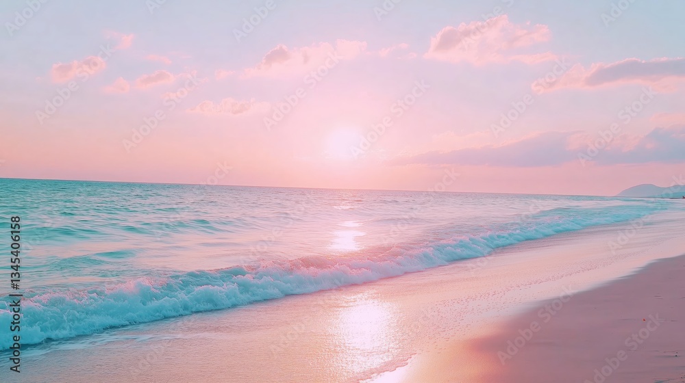 Obraz premium A beach with gentle waves lapping against the shore under a pastel pink sunset sky 