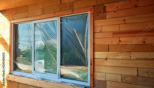A freshly installed window with protective plastic still covering the frame, captured during home construction — symbolizing progress, craftsmanship, and modern building.
