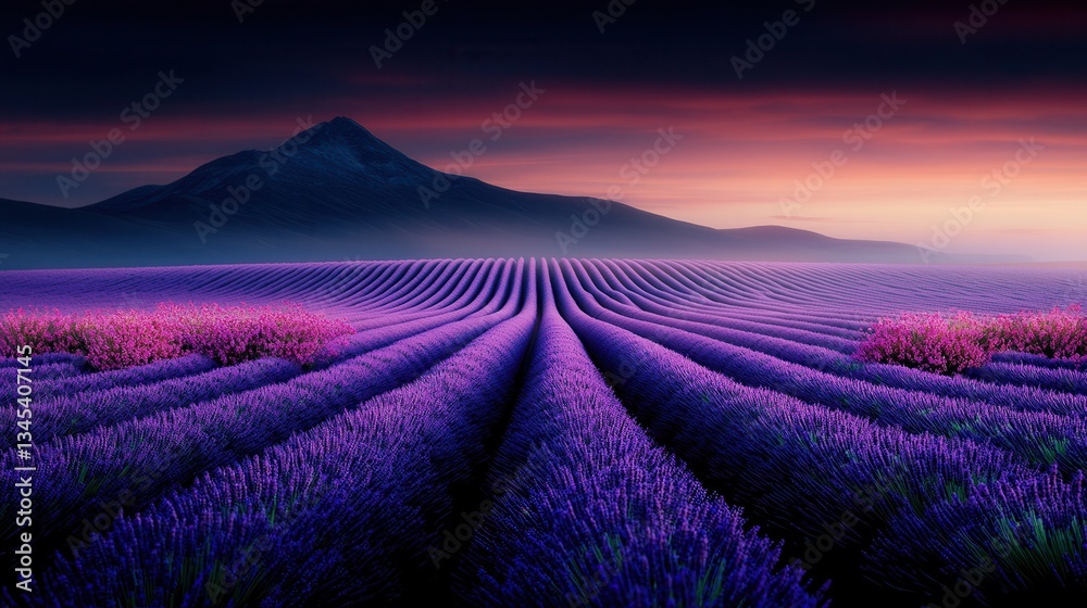 Naklejka premium Breathtaking Lavender Field at Dusk with Majestic Mountain and Colorful Sky Above