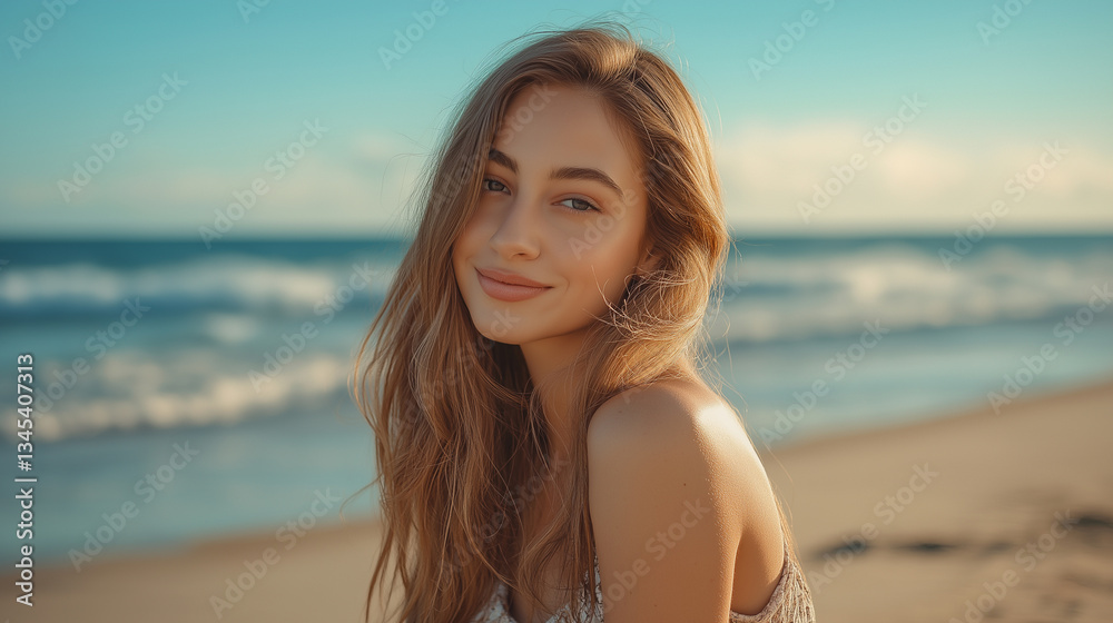 Smiling Young Woman on a Sunny Beach at Sunset
Smiling Young Woman on a Sunny Beach at Sunset