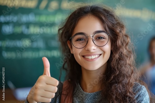 smiling female teacher showing thumbs up and ok sign