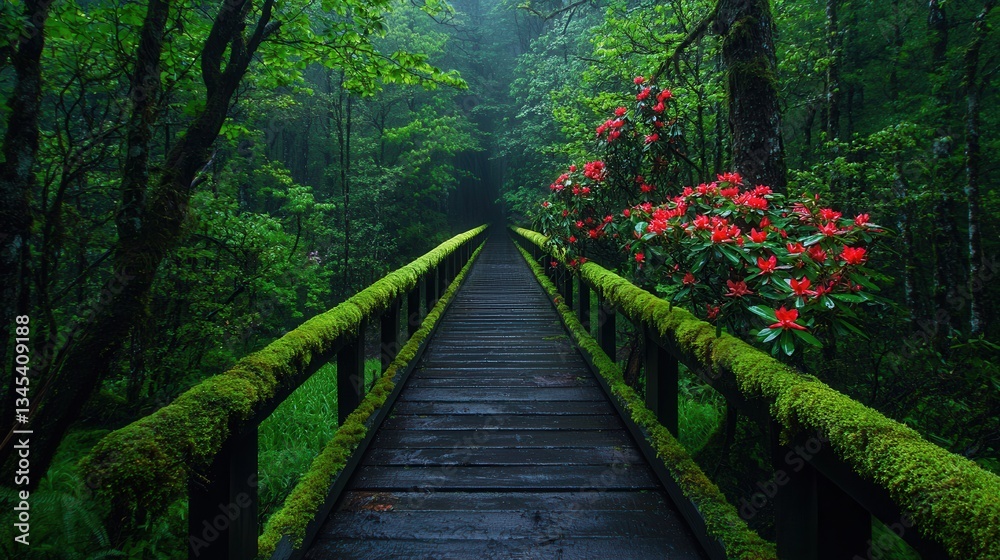 Obraz premium Serene Pathway Through Lush Green Forest with Blooming Red Rhododendron Flowers Alongside