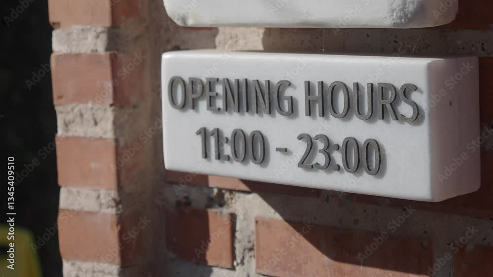 Opening hours sign shows daily schedule for local establishment Opening hours sign shows daily schedule for local establishment