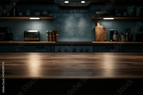 Empty kitchen countertop, moody ambiance.  Focus on a polished wooden surface in a dimly lit, modern kitchen.  Kitchen cabinets and appliances softly blurred in the background