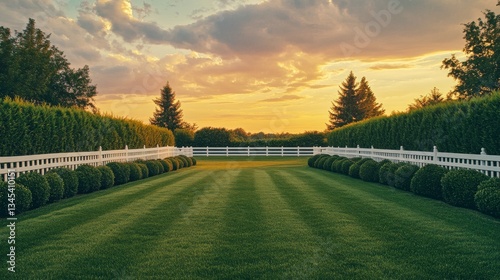 Serene garden landscape at dusk, expansive green lawn meeting formal hedge row, traditional white fence silhouette against clouded sky, pastoral suburban setting, professional landscaping aesthetic,
