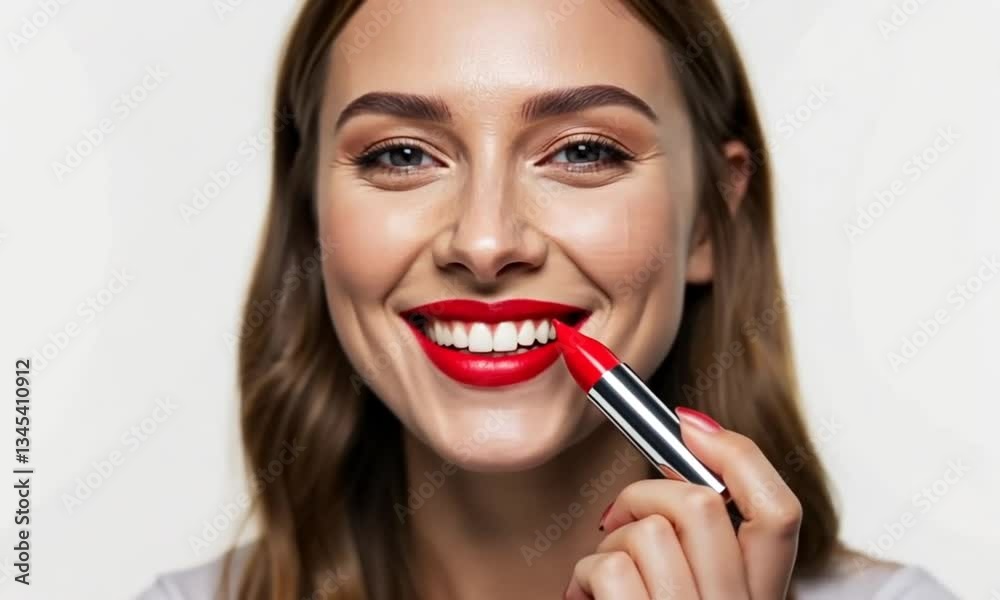 Woman applies red lipstick. Close-up studio portrait, happy. Beauty, cosmetic use, neutral backdrop Woman applies red lipstick. Close-up studio portrait, happy. Beauty, cosmetic use, neutral backdrop