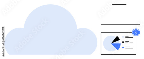 Cloud shape representing digital storage near a financial analytics dashboard with pie chart and monetary icon. Ideal for technology, finance, investment, cloud storage, analytics, big data, flat