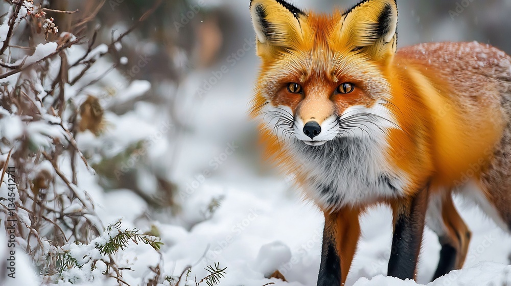 Fototapeta premium Red fox in the middle of a snowy forest its bright orange fur contrasting against the white landscape intense close up shot hyper realistic detail