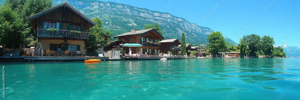 Obraz premium Lakeside chalet homes on turquoise water