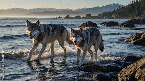 Pack of Vancouver Coastal Sea Wolves Moving Along the Rocky Shoreline with the Pacific Ocean