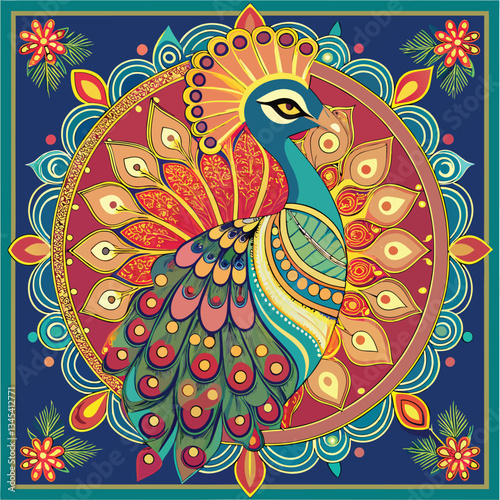 Ornate Indian Peacock Illustration for Wedding Ceremonies