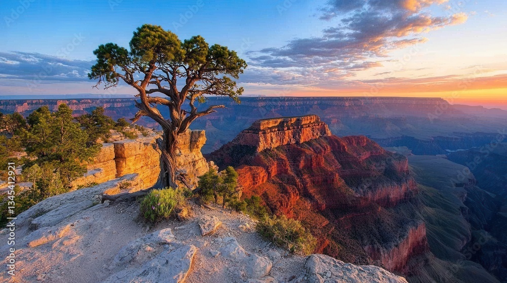Fototapeta premium Breathtaking Sunset Over Grand Canyon with Majestic Tree in Foreground and Vibrant Colors