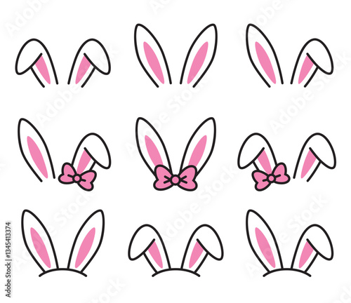 Cute Easter bunny rabbit ears vector illustration set featuring floppy and straight ears. Includes adorable bunny ears with a bow.