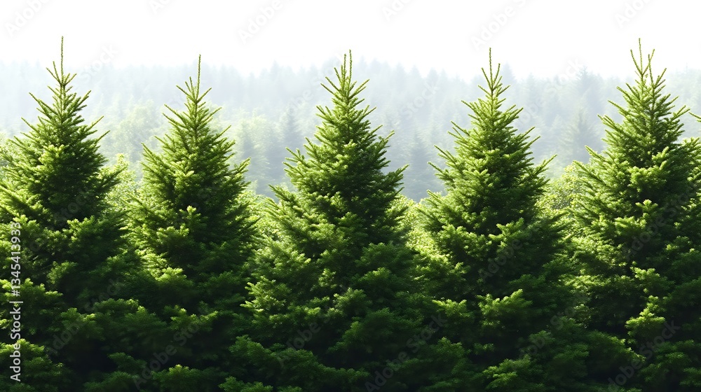 Fototapeta premium Evergreen Forest for Sunlit Trees, Misty Background.