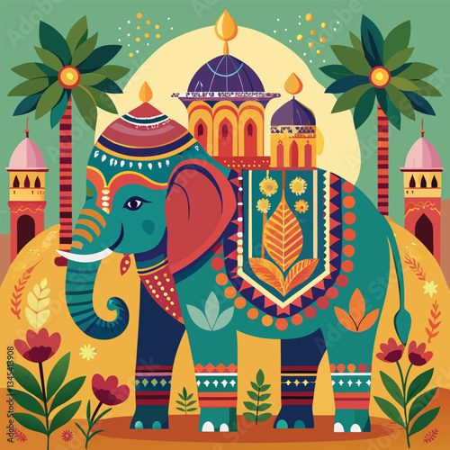 Decorative Mughal Elephant Embellishing a Verdant Garden Oasis