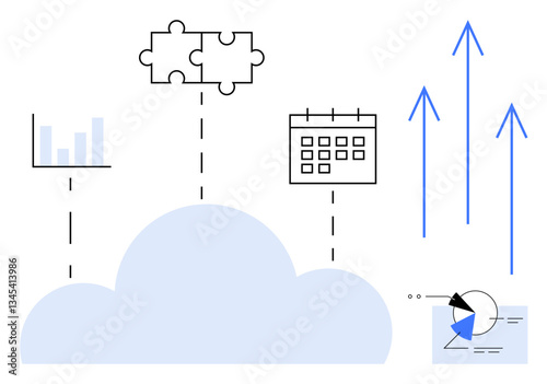 Cloud connected to analytics, puzzle pieces, calendar, upward arrows, and pie chart. Ideal for collaboration, organization, strategy innovation growth data analysis productivity. Flat simple