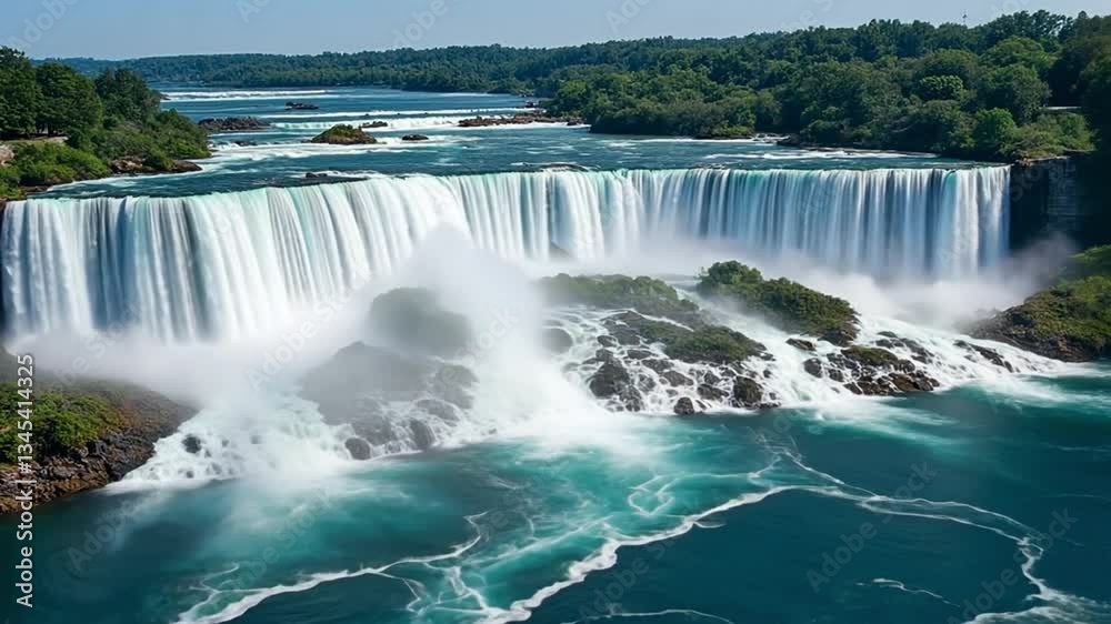 Breathtaking View of Majestic Waterfall Cascading Over Rocks with Lush Greenery in Background Under Clear Blue Sky and Sunlight Breathtaking View of Majestic Waterfall Cascading Over Rocks with Lush Greenery in Background Under Clear Blue Sky and Sunlight
