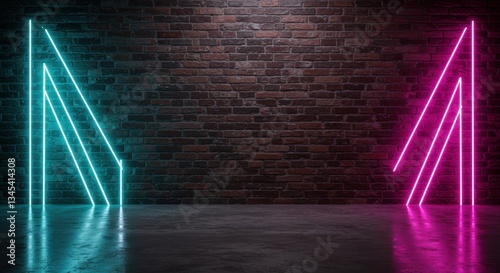 A vibrant scene with neon blue and pink lines against a rustic brick wall, creating a modern artistic vibe, perfect for creative spaces or event backdrops.