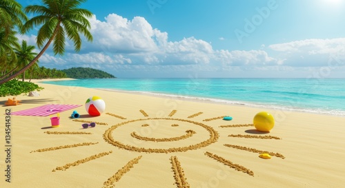 A vibrant beach scene with sunny skies, palm trees, soft sand, and turquoise waters. Fun beach items like a ball, mat, and a cheerful sun drawn in the sand complete this summer paradise.